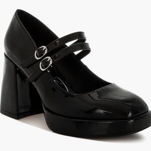 Patent Black Mary Jane Platform Pumps with Double Straps